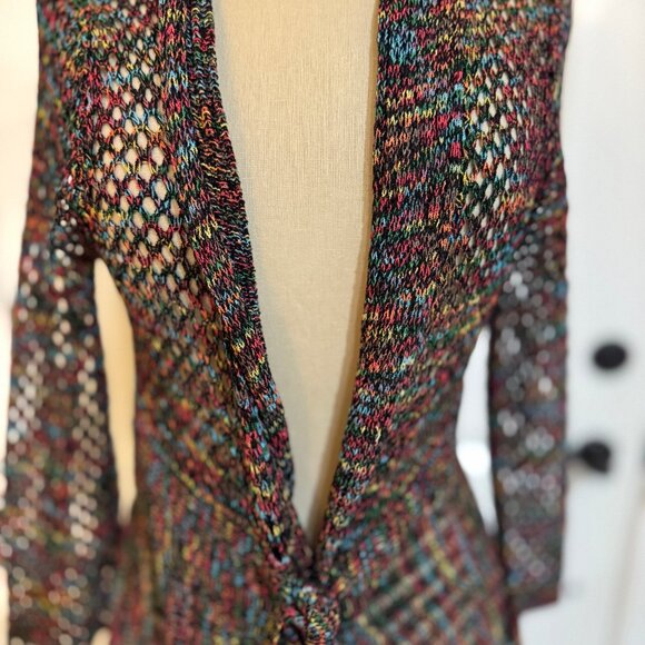 Womens Open Weave Tunic Sweater Jacket M/L Crochet Front Tie Multicolor - Picture 4 of 8